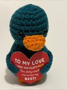 Hand Crafted Teal Plush Bird with Orange Beak and Heart